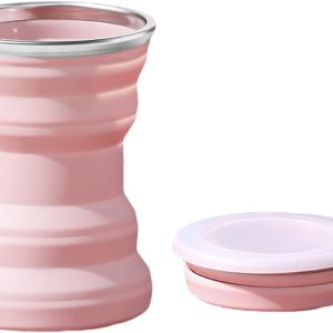 Portable Folding Silicone Water Cup, 320ml Outdoor Heat Resistant Foldable Mug with Lid Collapsible Travel Drinking Cups, Coffee Cup with Lid for Travel, Hiking Outdoors (Pink)