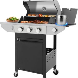 Large  Grill  with 3-Burners and Side Burner, Outdoor Gas Grill with Porcelain-Enameled Cast Iron Grates, Stainless Steel Camping Barbecue Griddle for Patio, Party,