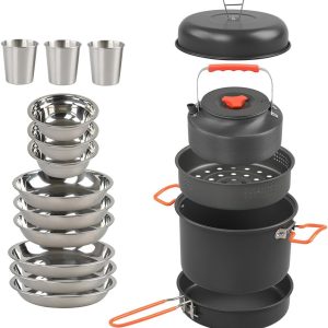 17Pcs Camping Cookware Mess Kit Aluminum Alloy Pot Pan Kettle Set Steaming Tray Bowl Cup Water Kettle Cooking Equipment for Backpacking Gear Hiking