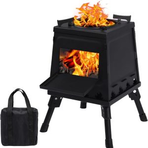 Wood Burning Camp Stove, Portable Cast Iron Camping Wood Stove, Black Woodstove with Carrying Case for Backpacking Outdoor Cooking