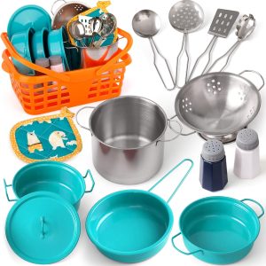 Kids Play Kitchen Toy Accessories Set Toddler Cooking Playset for Girls Boys Including Colorful Pots and Pans (Green)