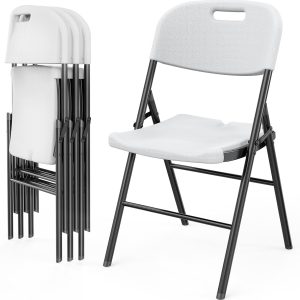 Folding Chairs, Heavy Duty Foldable Chair Portable  Plastic Seat with Steel Frame for Indoor Outdoor Dinning Party Wedding School Use, White, 4 Pack