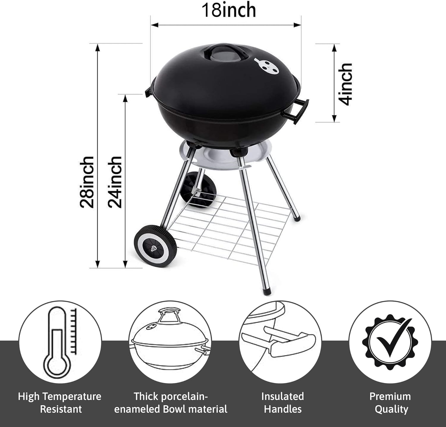 18 Inch Portable Charcoal Grill with 4 Legs and Wheels for Outdoor Cooking Barbecue Camping BBQ Coal Kettle Grill - Heavy Duty Round with Thickened Grilling Bowl for Small Patio Backyard - Image 2