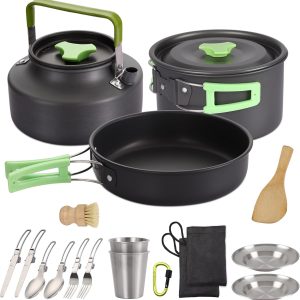 Camping Cookware Set, 17pcs Portable Camping Mess Kit with Non-Stick Aluminum Pots, Pans Set and Folding Fork, Lightweight Backpacking Camping Gear for Outdoor/Camping/Picnic/Hiking