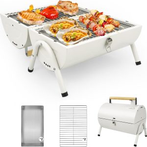 Portable Charcoal Grill, Foldable Tabletop BBQ Grill with 232 Sq In Cooking Area, Dual-Sided Smoker Compact Small Outdoor Grill for Camping, Backyard, Travel (White)