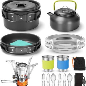 16pcs Camping Cookware Set with Folding Camping Stove, Non-Stick Lightweight Pot Pan Kettle Set with Stainless Steel Cups Plates Forks Knives Spoons for Camping Backpacking Outdoor Picnic
