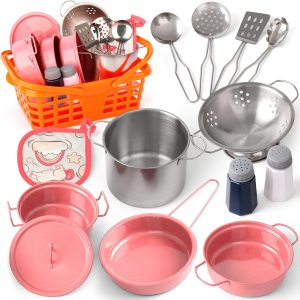 Kids Play Kitchen Toy Accessories Set Toddler Cooking Playset for Girls Boys Including Colorful Pots and Pans (Pink)