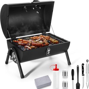 Portable Charcoal Grill Set of 8,  Outdoor Small Tabletop BBQ Charcoal Grill with Barbecue Tongs, Kinfe, Grill Brick, Compact Mini Camping Grill for Outdoor RV Picnic, Patio, Backyard, Beach