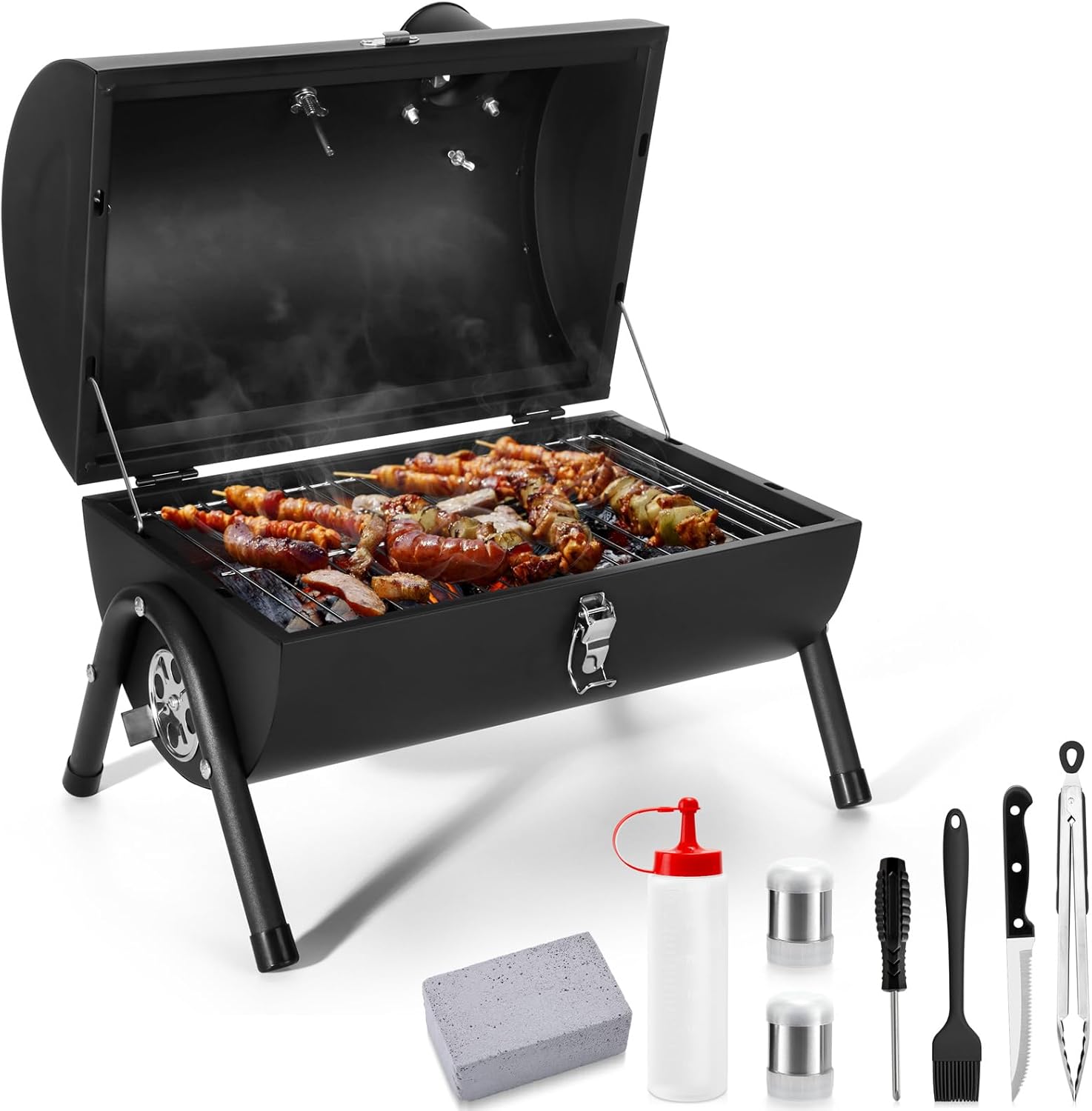 Portable Charcoal Grill Set of 8, Outdoor Small Tabletop BBQ Charcoal Grill with Barbecue Tongs, Kinfe, Grill Brick, Compact Mini Camping Grill for Outdoor RV Picnic, Patio, Backyard, Beach