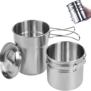 Foldable Camping Cups Mugs Camping Pot Cookware 304-Food-Grade Outdoor Camp Cooking Set with Vented lid,Stainless Steel Backpacking Cookware for Hunting