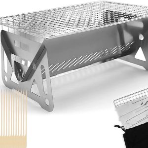 Mini Portable Camping Grill with Bamboo Stick/Storage bag, Small Assemblable Removable BBQ Grill Tabletop Fire Pit for Camping Patio Outdoor Stainless Steel Camping Grill Folding Barbecue Grills