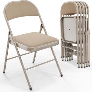 Folding Chairs with Padded Seats, Metal Frame with Fabric Seat & Back, Capacity 350 lbs, Khaki, Set of 6