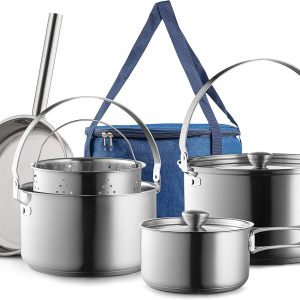 Camping Cookware Set 304 Stainless Steel 8-Piece Pots & Pans Open Fire Cooking Kit | Frying Pan Steamer with Travel Tote Bag | Compact For Outdoors & Indoors Kitchen Family Campfire Hiking RV