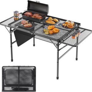 Folding Table with 2 Wing Panels, 3x2 FT Camping Table with Mesh Desktop,Height Adjustable Folding Grill Table with Mesh Bag,Portable Outdoor Table for Picnic,Camping,BBQ,Beach(Black)